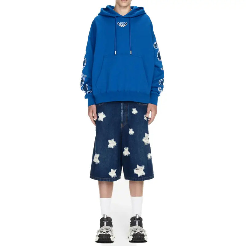 Off white men sweatshirt with hood single pocket light blue print blue hoodie with white bandana style sleeve patterns and logo