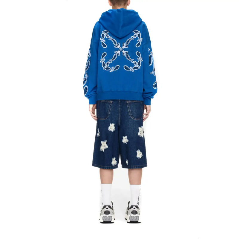Off white men sweatshirt with hood featuring a blue hoodie with white embroidered bandana patterns and single pocket