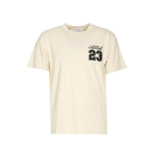Off-white Männer t-shirt aus cremefarbenem Baumwollstoff mit schwarzem, gesticktem Abloh 23-Logo auf der Brust