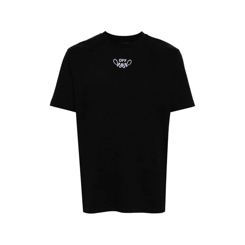 Schwarzes, cremefarbenes Herren-T-Shirt mit weißem, gesticktem Logo auf der Brust, geeignet für die Freizeit.