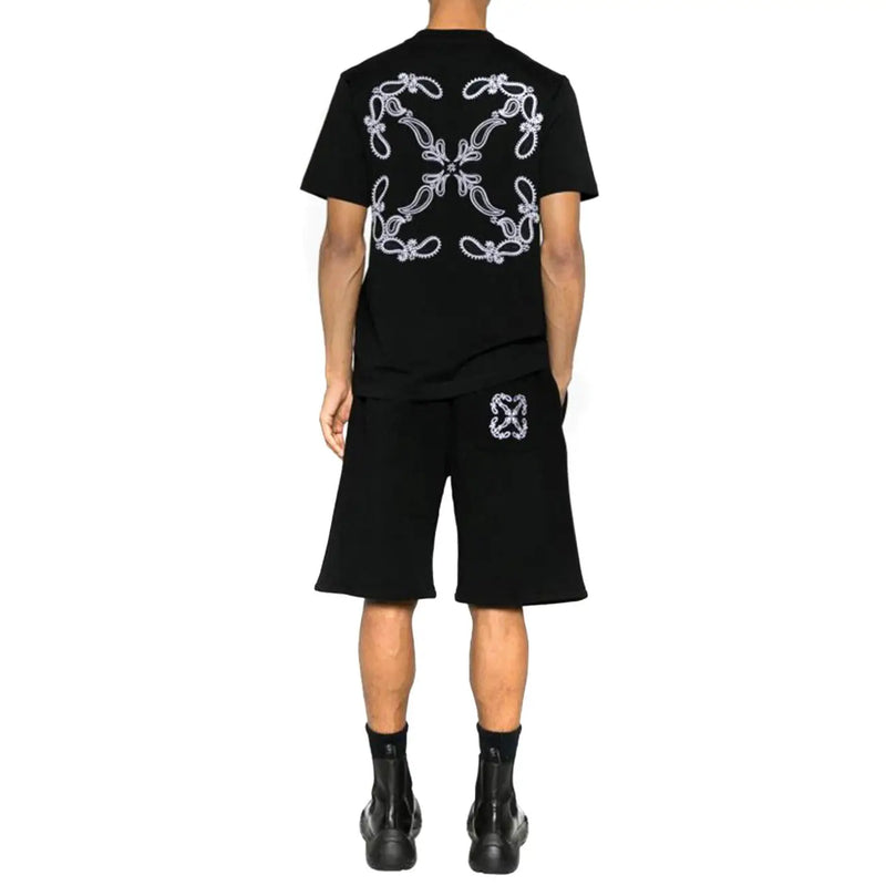 Off-white Männer t-shirt Rückansicht: Schwarzes Kurzarmhemd mit aufwendigem, weiß gesticktem Blumenmuster und passender Shorts-Emblem
