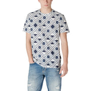 White patterned short sleeve t shirt for men with navy blue geometric triangles diamonds and star shapes design
