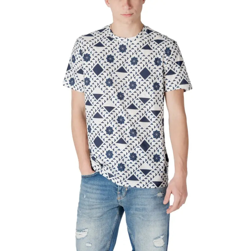 White patterned short sleeve t shirt for men with navy blue geometric triangles diamonds and star shapes design