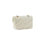 Cream-colored quilted white Pinko handbag with gold-tone chain straps and hook button closure featuring subtle logo emblem