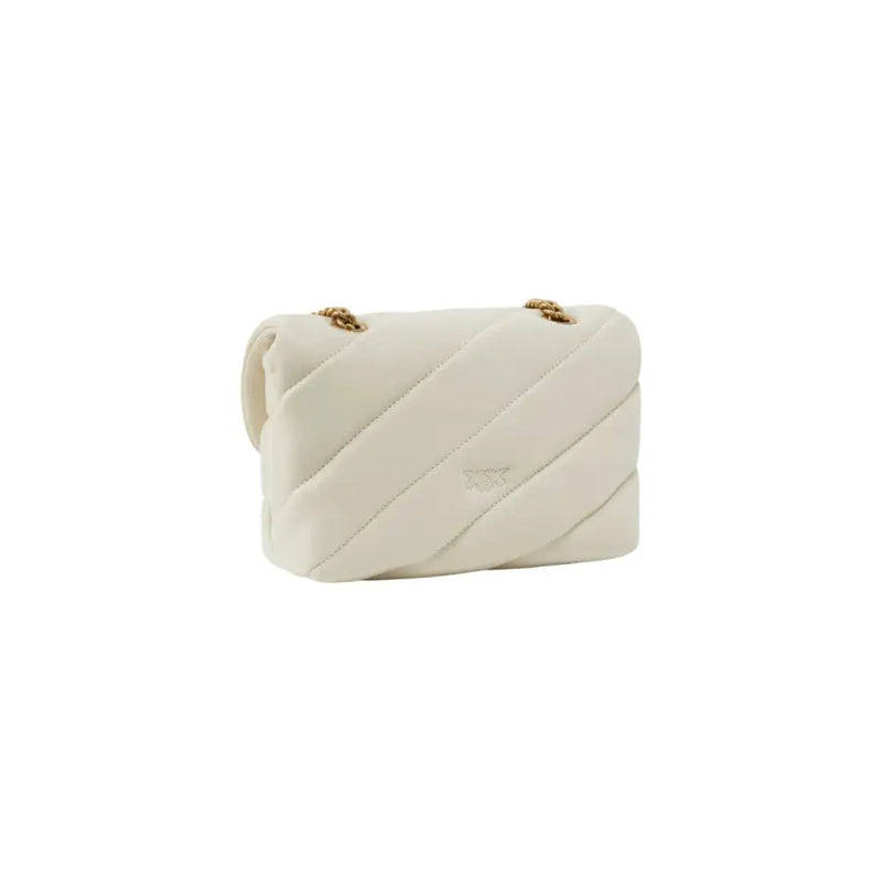 Cream-colored quilted white Pinko handbag with gold-tone chain straps and hook button closure featuring subtle logo emblem