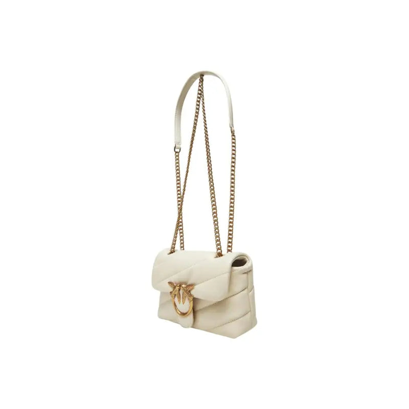 Cream-colored quilted White Pinko handbag with gold-tone bird clasp and chain strap featuring hook button closure