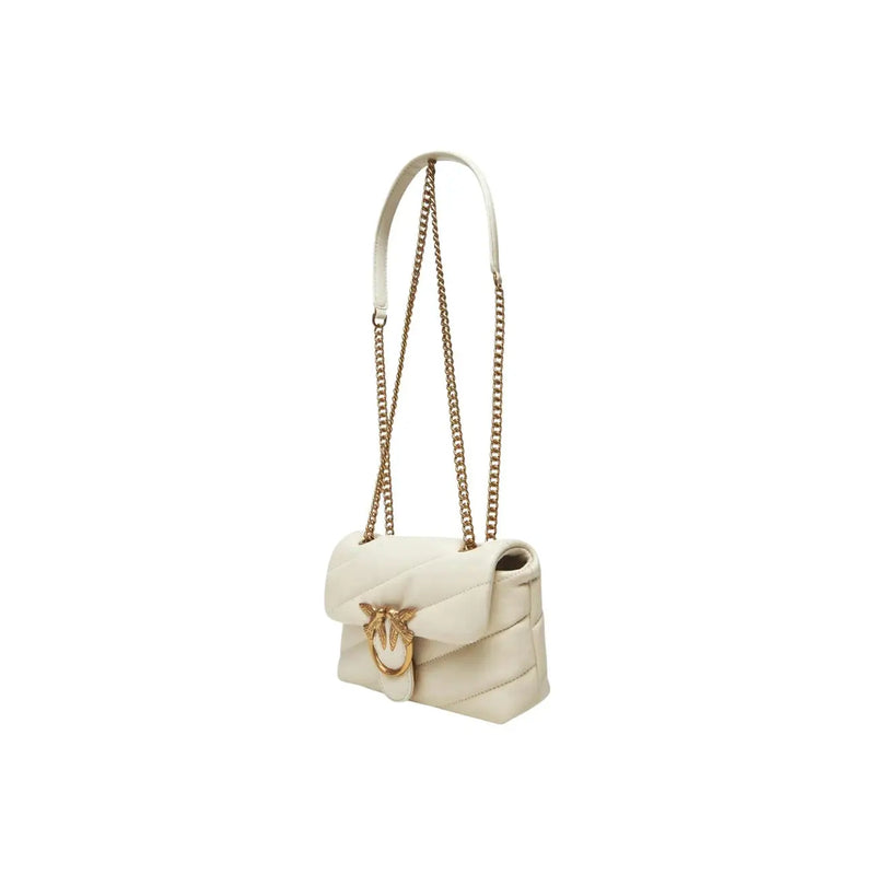 Cream-colored quilted White Pinko handbag with gold-tone bird clasp and chain strap featuring hook button closure