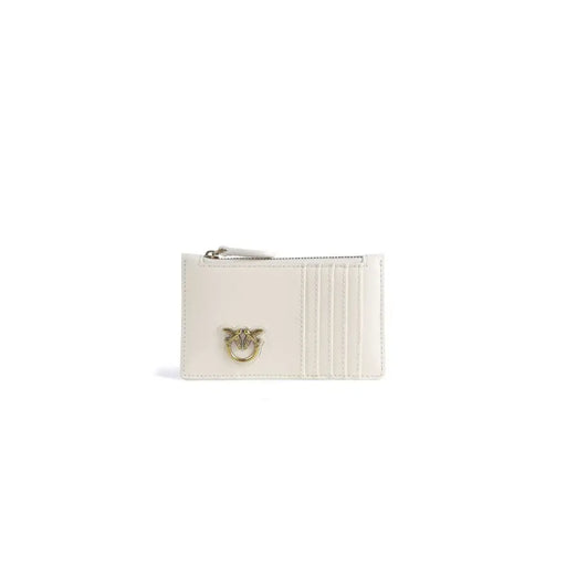 Cream-colored leather white Pinko women’s wallet with gold-tone bird clasp and vertical stitched card slots