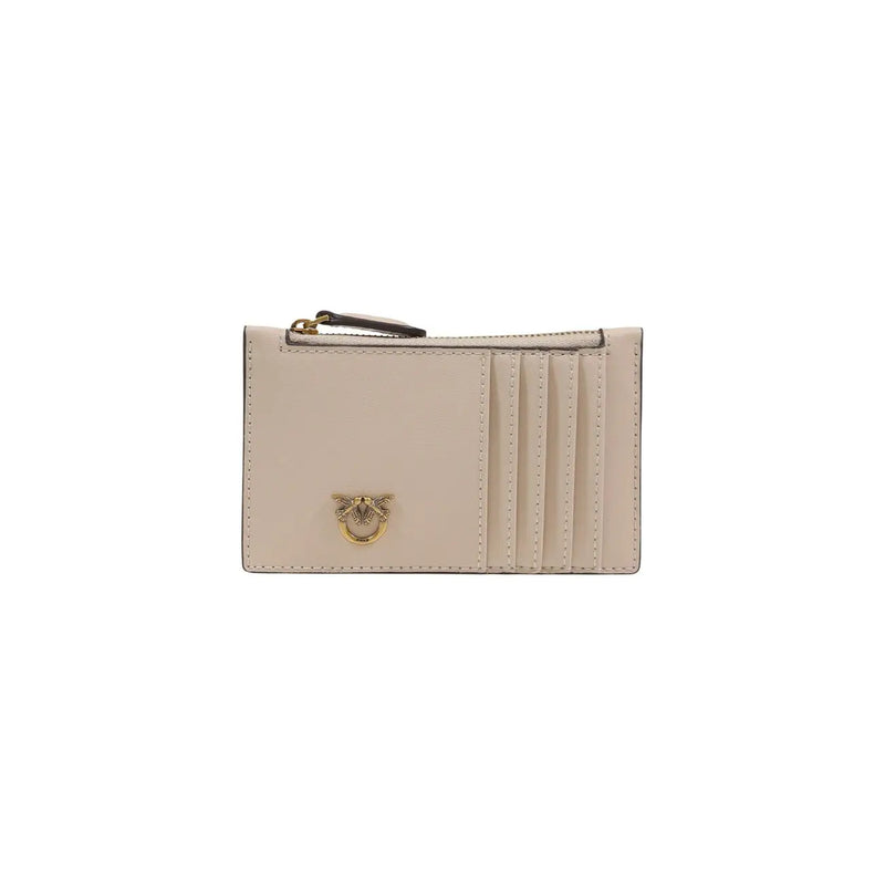 Beiges Leder Pinko Damen-Kartenetui mit goldfarbenem Vogellogo und Reißverschluss sowie Innentaschen