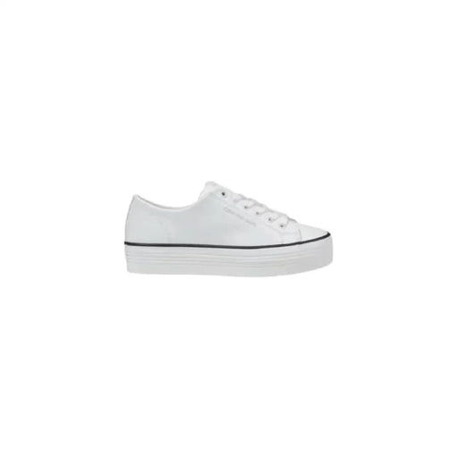 Calvin Klein Jeans Women’s White Leather Sneakers featuring a stylish platform design