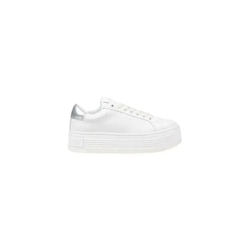 Calvin Klein Jeans Women’s White Platform Sneakers with Silver Accent Design
