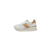White platform sneaker with map print accents from the White and Gold Platform Sneaker collection