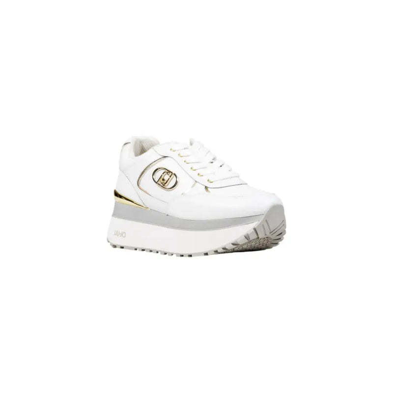 White platform sneakers with gold accents from Liu Jo Women, faux leather lace-up design