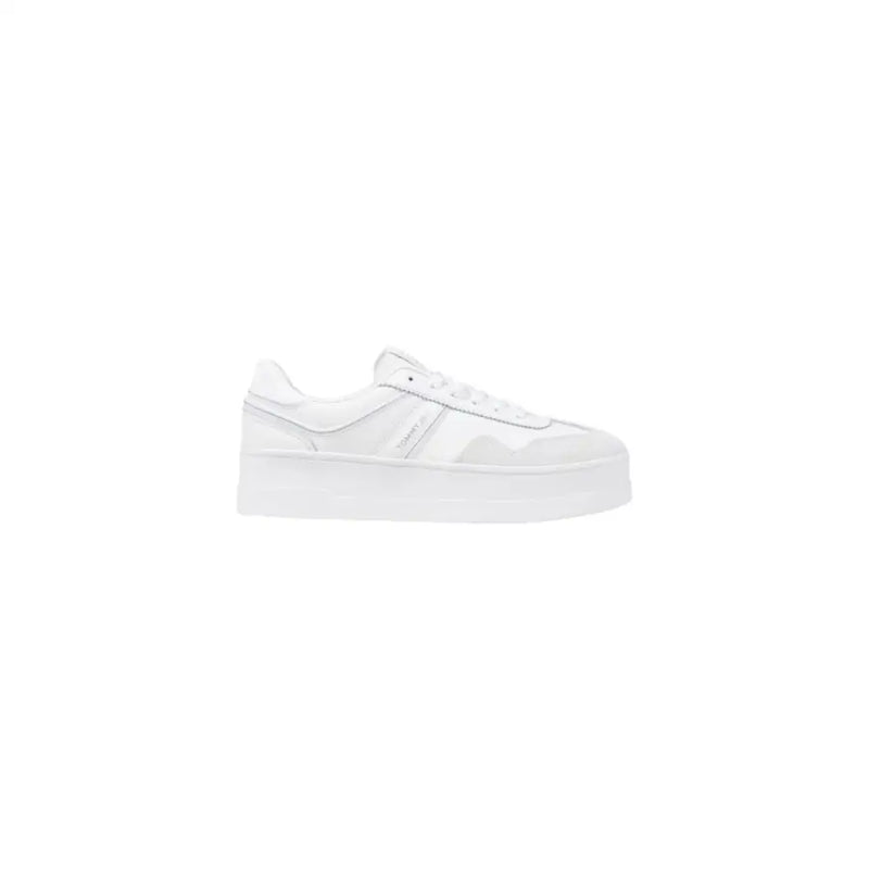 White platform sneakers with subtle paneling from Tommy Hilfiger Jeans Brown Faux Leather collection