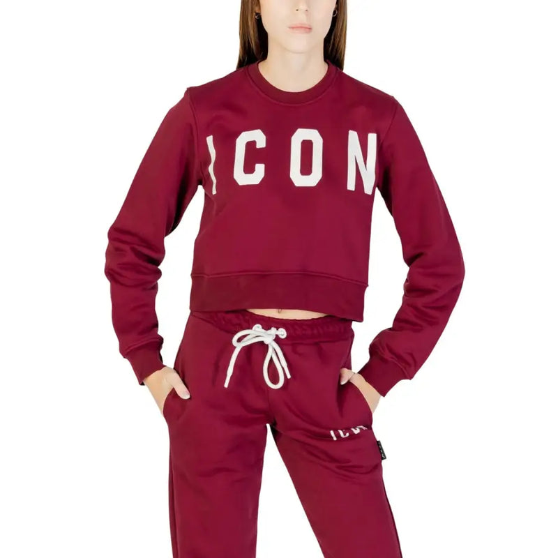 Maroon cropped sweatshirt with bold white icon print on chest