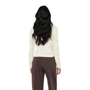 Cremefarbener Damenpullover mit langen Ärmeln aus Baumwollmischgewebe und Zickzack-Spitzenärmeln