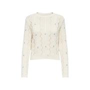 Cremefarbener Zopfstrickpullover mit gestickten Blumen für Damen