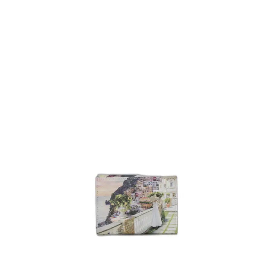 Y Not? women’s wallet with urban city style painting of woman on balcony