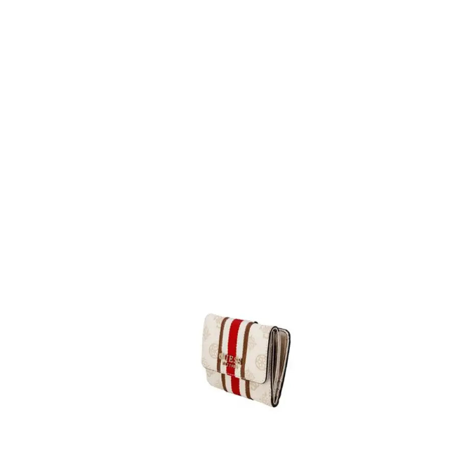 Urban style clothing accessory, white and red striped ring with gold band on Guess Wallet