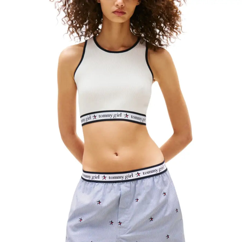 White ribbed crop top with black trim from Tommy Hilfiger Organic Cotton collection