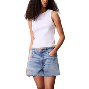 White ribbed sleeveless round neck tank top paired with light wash denim shorts for women