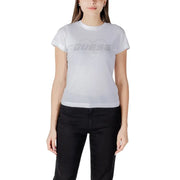 White short-sleeve T-shirt with GUESS logo inside a heart design for women