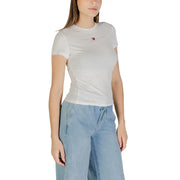 White fitted short-sleeve T-shirt with small logo on chest from Tommy Hilfiger Jeans Women