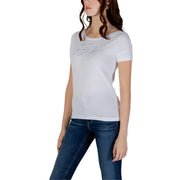 White emporio armani short sleeved t shirt in cotton with a subtle silver logo on the chest