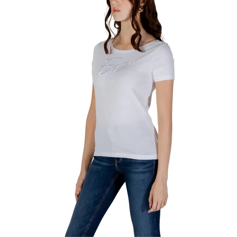 White emporio armani short sleeved t shirt in cotton with a subtle silver logo on the chest