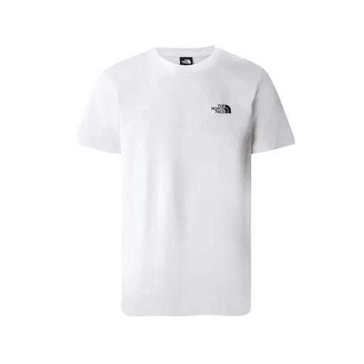 White short sleeved t shirt featuring a black The North Face logo on the chest and collar in a cotton blend