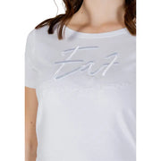 White short sleeved emporio armani t shirt with subtle raised silver embroidered logo on chest