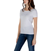 White emporio armani short sleeved t shirt in cotton with a subtle silver logo on the chest