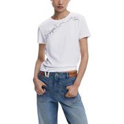 White short-sleeved Desigual Women T-shirt with delicate script and round neckline