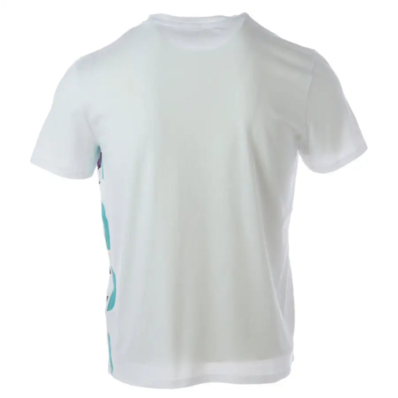 White short-sleeved T-shirt with colorful side graphic for casual wear