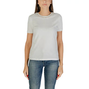 White short-sleeved cotton T-shirt with embellished round neckline for women