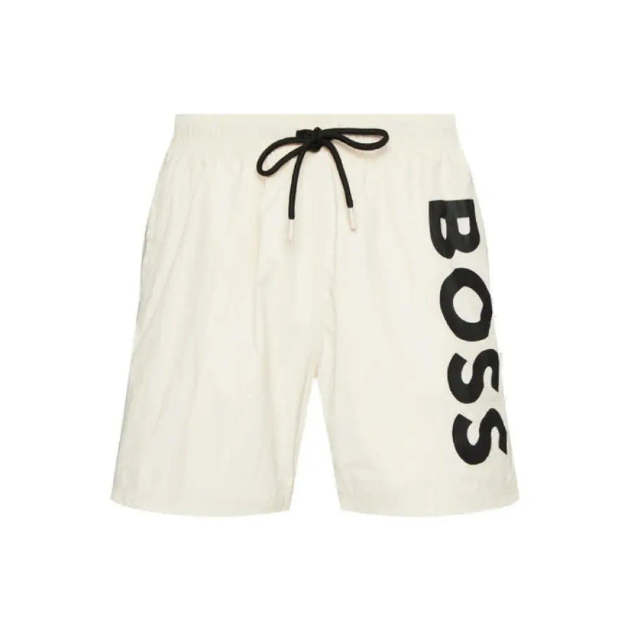 Boss Men Swimwear white shorts with black logo on side