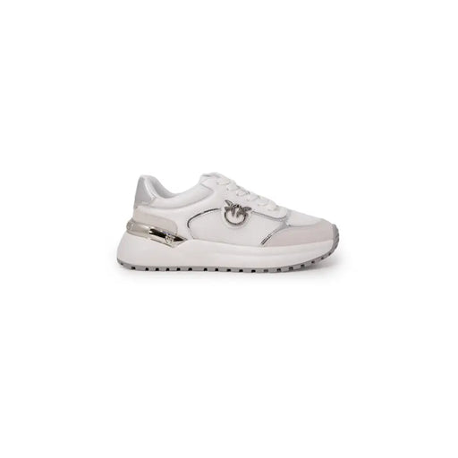 White and silver leather and suede low-top sneakers with metallic bird logo for Pinko Women