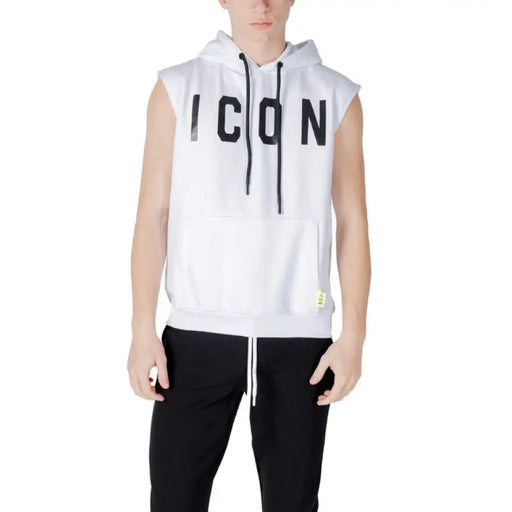 White sleeveless hoodie with ICON print and white drawstrings from Green Sleeveless Hoodie collection