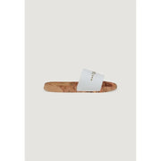 White slide sandal with cork sole for casual and comfortable summer wear