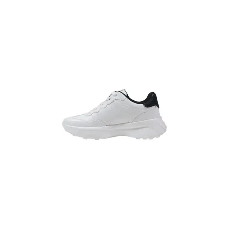 White Guess Women Sneakers with Black Heel, Print, and Laces for stylish comfort