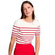 Weiß gestreifter, kurzärmeliger Strickpullover mit Knopfleiste vorne top, rote horizontale Streifen