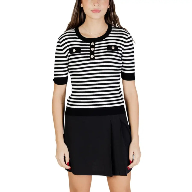 Weiß gestreifter, kurzärmeliger Rundhals-Strickpullover top, Schwarz-Weiß, Knopfdetails