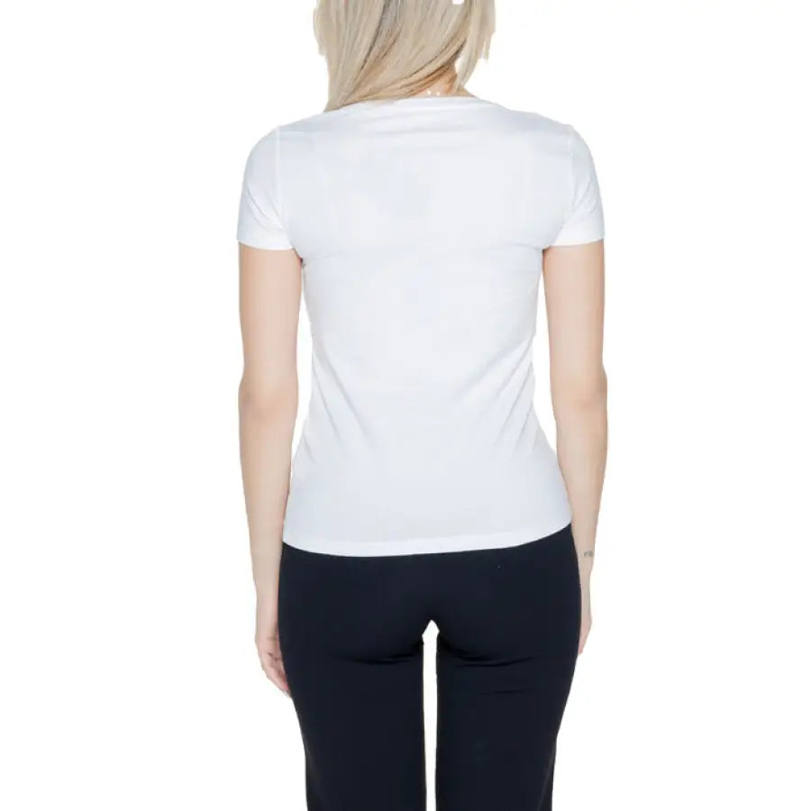 Ea7 women’s white V-neck T-shirt with a scooped back, embodying urban city style