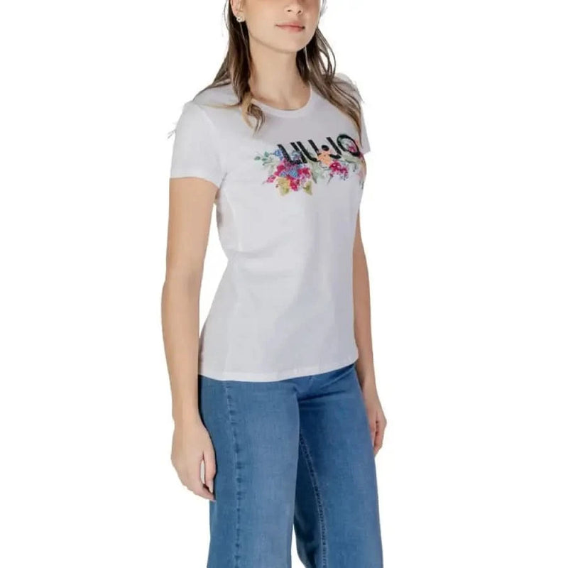 White Liu Jo Women’s Round Neck Cotton T-Shirt with Floral Graphic Design