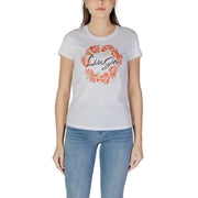 White Liu Jo Women’s T-Shirt featuring floral wreath design and round neck in cotton