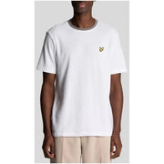 White short-sleeved t shirt with gray ribbed crew neck and small yellow embroidered bird logo on left chest