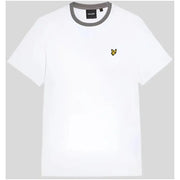 White t shirt with gray ribbed crew neck and small yellow lyle and scott bird logo on the left chest