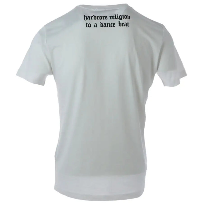 White T Shirt with Gothic Lettering displayed on a product page