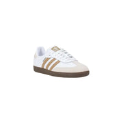 White and tan Adidas Samba sneaker displayed in the Adidas Samba Sneakers in White and Tan product