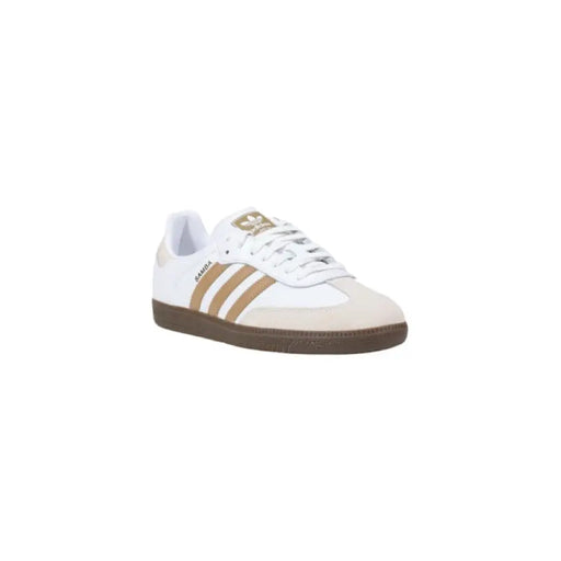 White and tan Adidas Samba sneaker displayed in the Adidas Samba Sneakers in White and Tan product